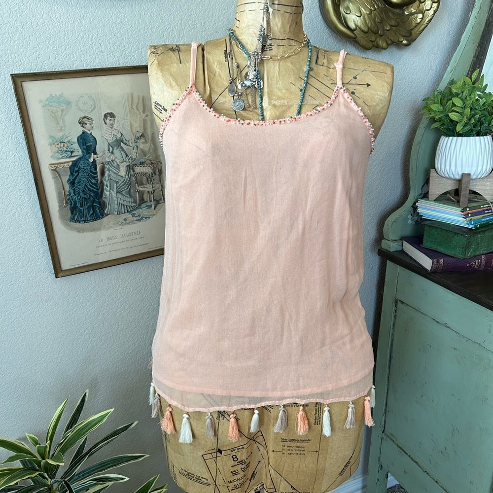 Samson Orange Beaded Collar Tassel Hem Sleeveless Blouse S Vacation Resort Wear